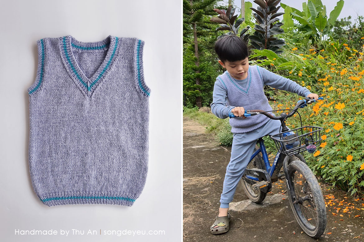 đan áo gile cổ chữ v cho con trai